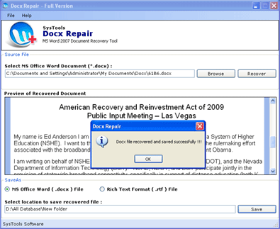 Word 2007 Document Repair screen shot